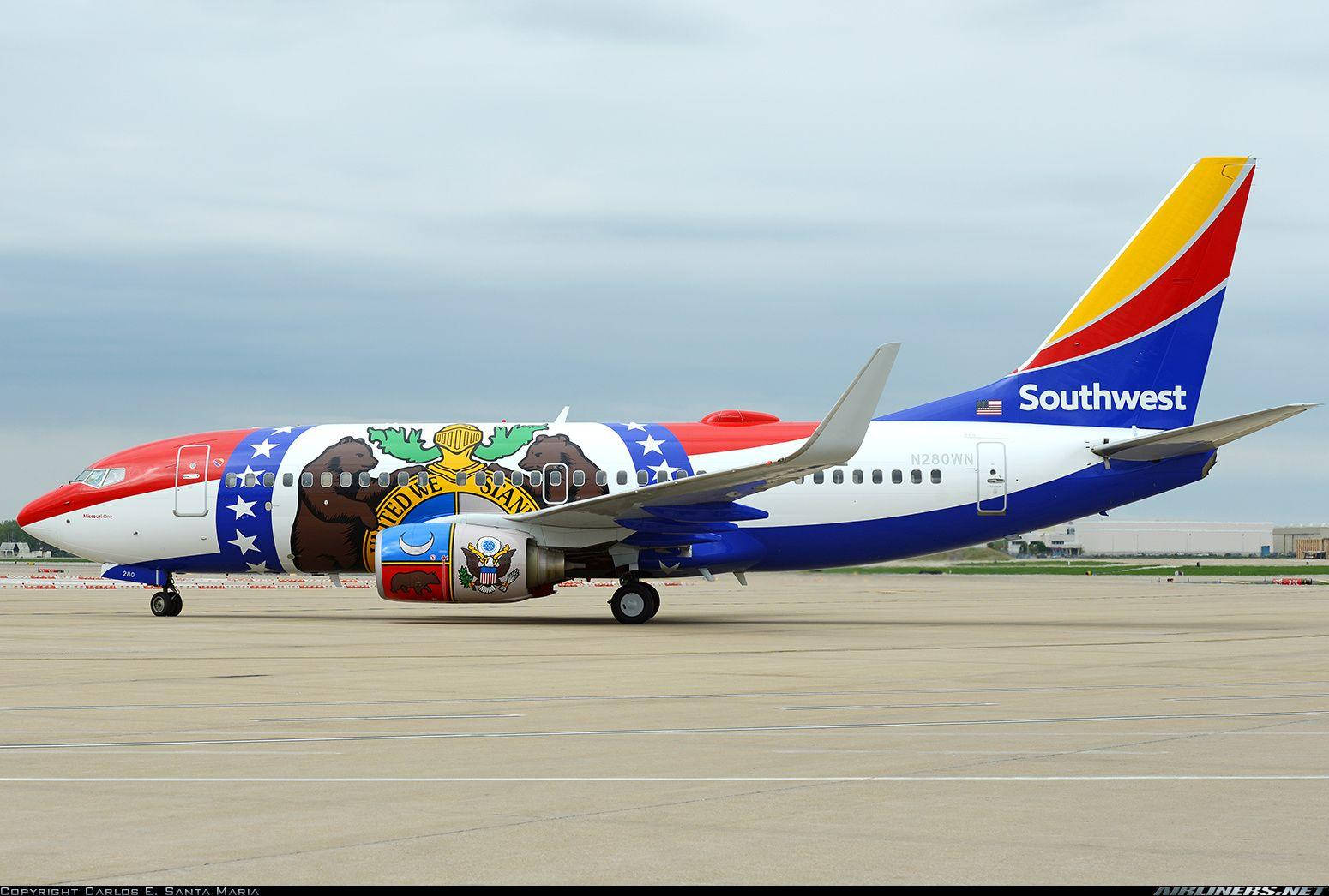 西南航空飛機帶有熊壁畫停在停機坪