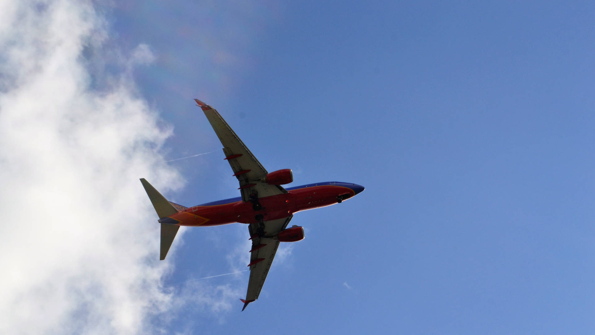紅藍相間的飛機在藍天白雲中高飛。