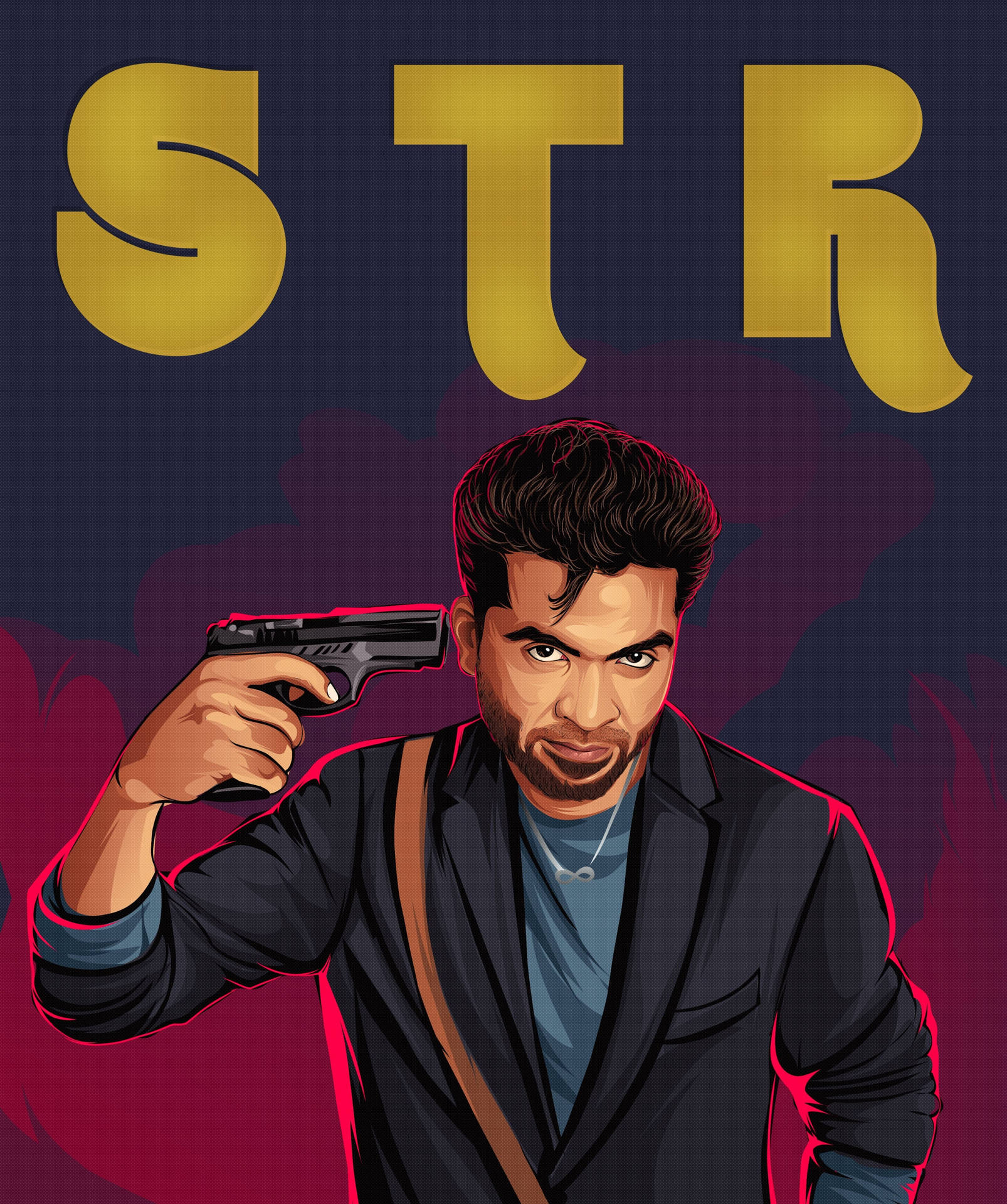 穿西裝的男子用槍指著頭部，上方有「STR」文字。