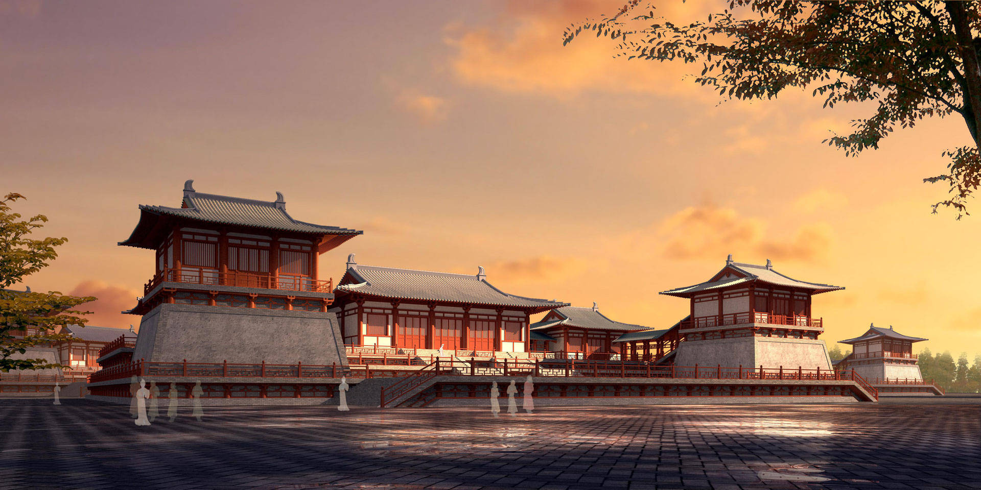 西安古寺夕照 壁紙 — 古老的中國宮殿建築群沐浴在金色的夕陽光下，擁有精緻的木結構建築和石頭庭院。