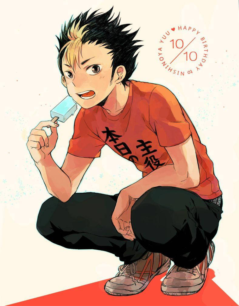 西島裕生日冰淇淋 壁紙 — 動漫男孩留著刺蝟頭，穿著紅色襯衫，蹲著開心吃藍色冰棒。