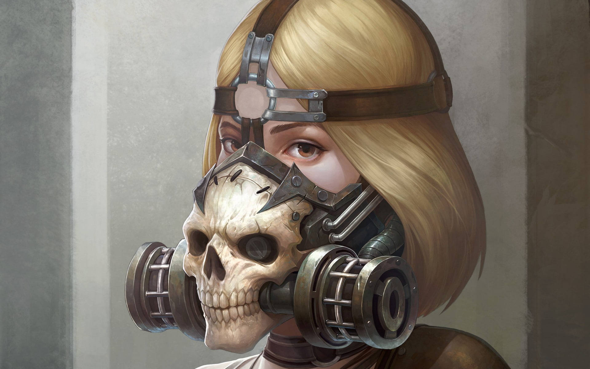 金髮女性戴骷髏防毒面具，反烏托邦場景