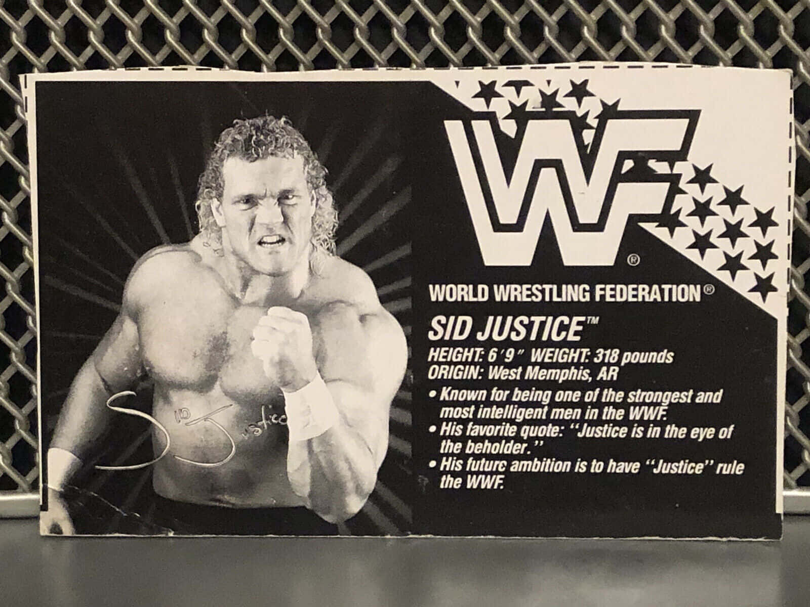 Sid Justice 的復古WWF摔角卡，附有統計數據和引言。