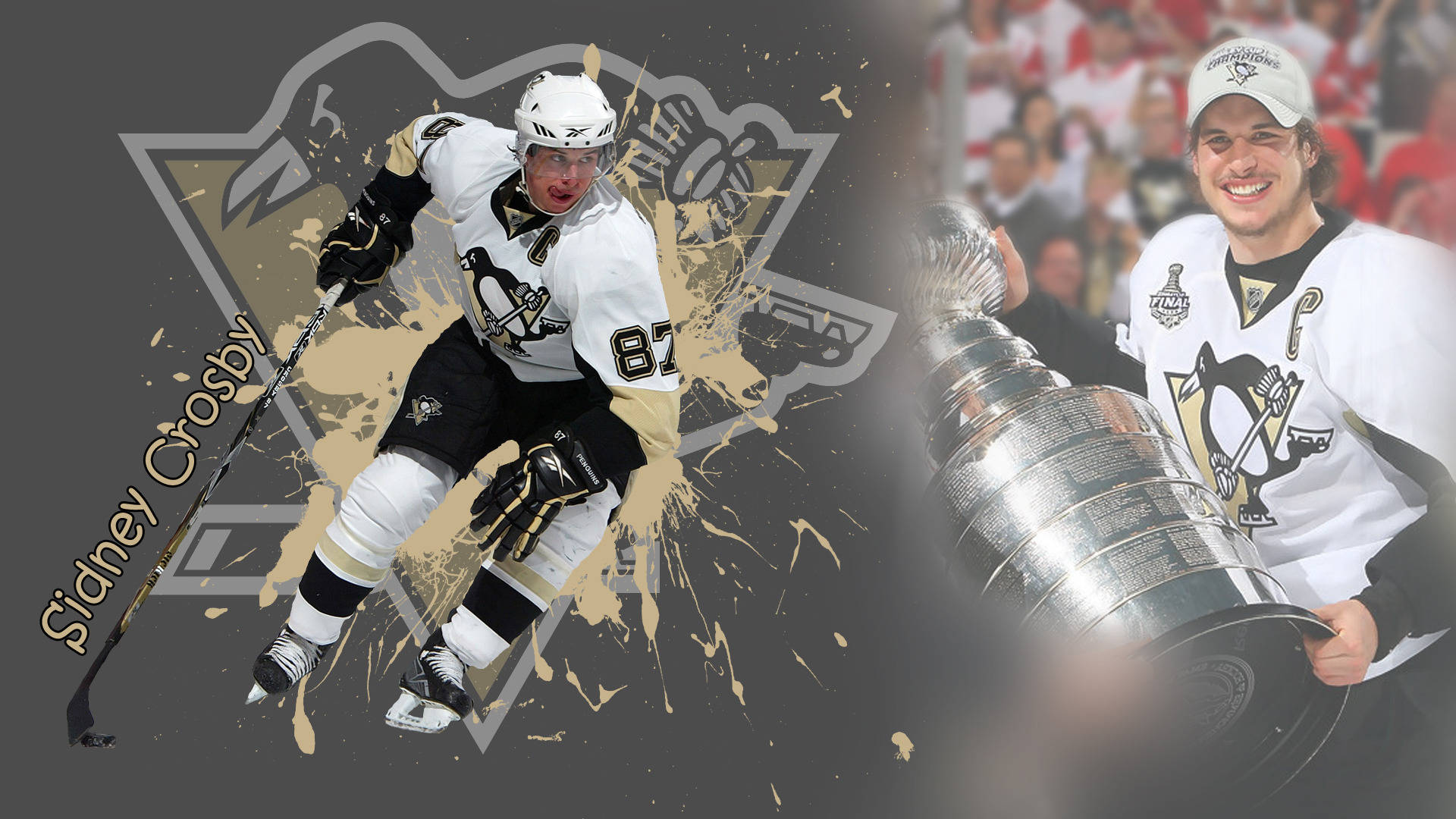 西德尼·克羅斯比 Photoshop 精湛冰球畫作 壁紙 — 冰球明星 Sidney Crosby 正在行動中，並以動態金色油漆飛濺效果手持斯坦利杯。