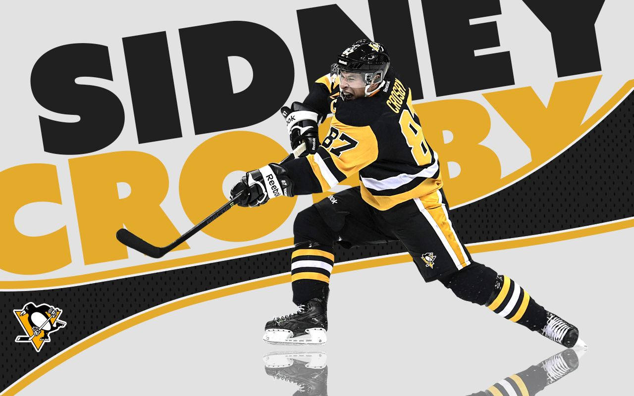 西德尼·克羅西冰球場 Photoshop 創作 壁紙 — 冰球運動員 Sidney Crosby 身穿黑金色制服，手持球桿在鮮明的圖形背景上動態滑行。