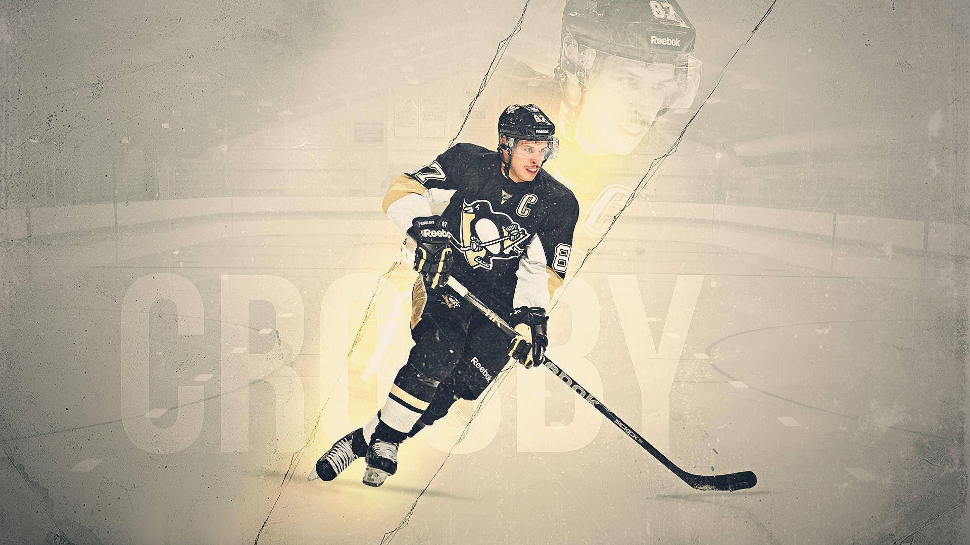 西德尼·克羅西冰球場比賽 壁紙 — 冰球運動員 Sidney Crosby 身穿黑金色球衣，在冰上動感滑行，伴隨著發光效果，背後有他的大名字。