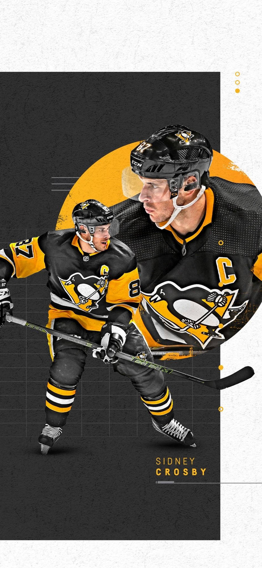 西德尼·克羅西數位卡通形象 壁紙 — 冰球運動員 Sidney Crosby 身穿黑色和金色企鵝隊裝備，在深色背景上帶有醒目黃色圓形裝飾的動態插圖。