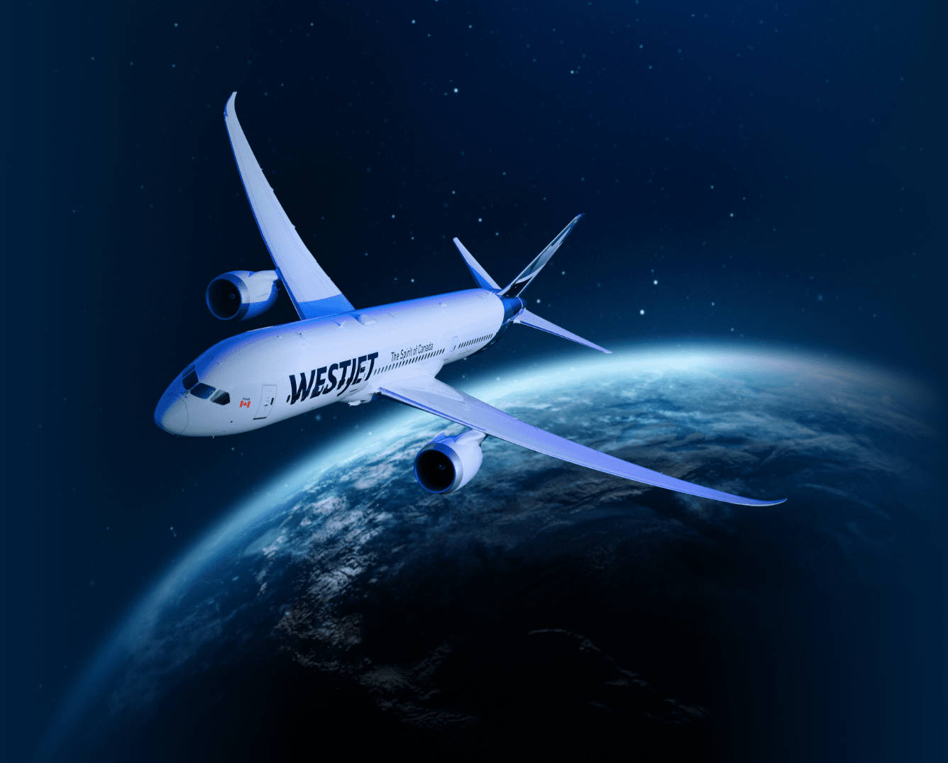 西捷航空飛機夜間在地球上空飛行，星星可見