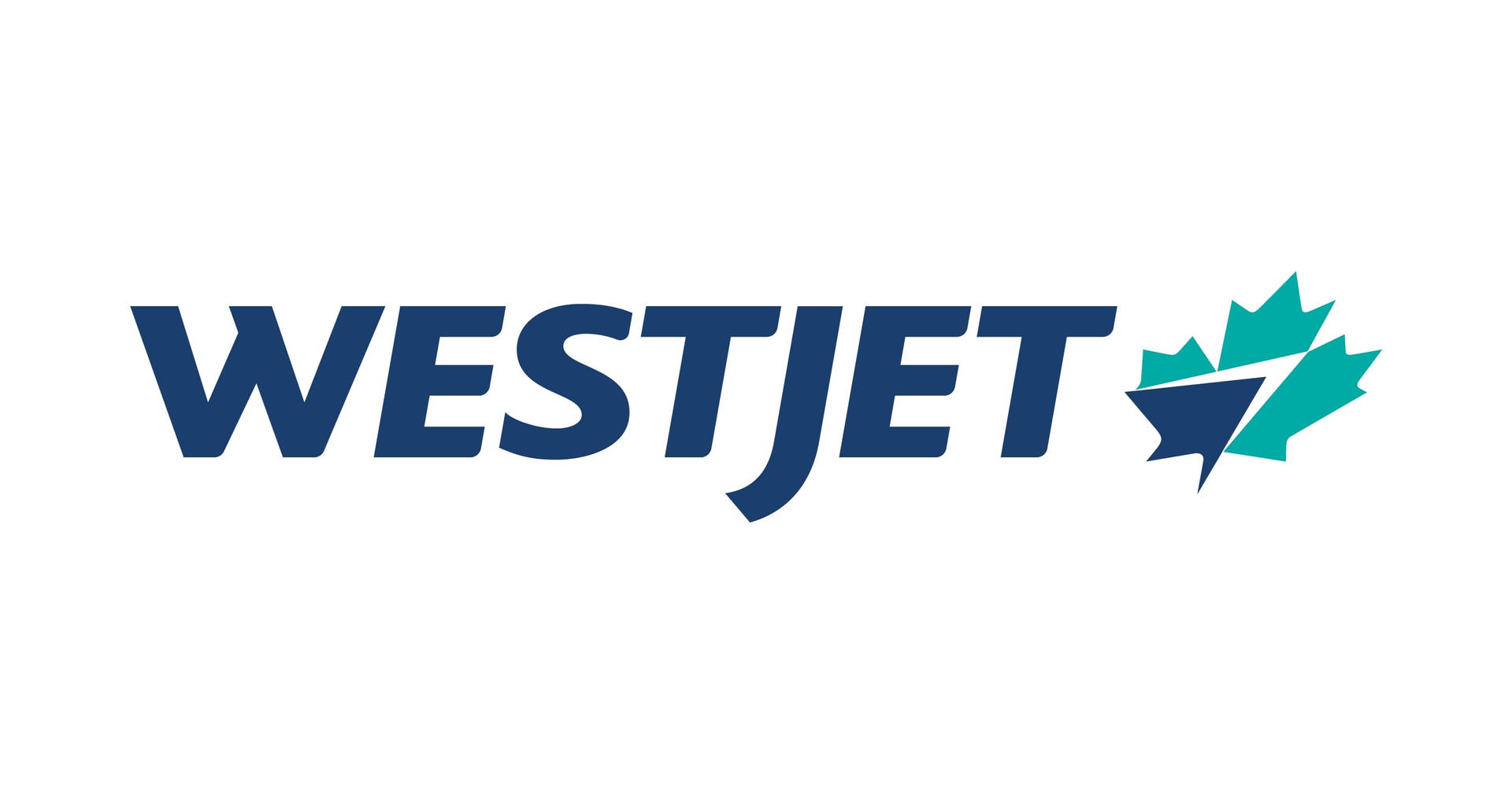 WestJet 航空公司標誌，藍色文字和青綠色楓葉在白色背景上。