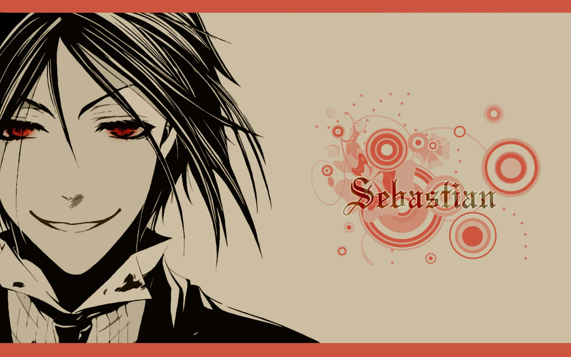 動漫角色 Sebastian 紅眼睛黑頭髮，帶紅色圓形設計微笑。