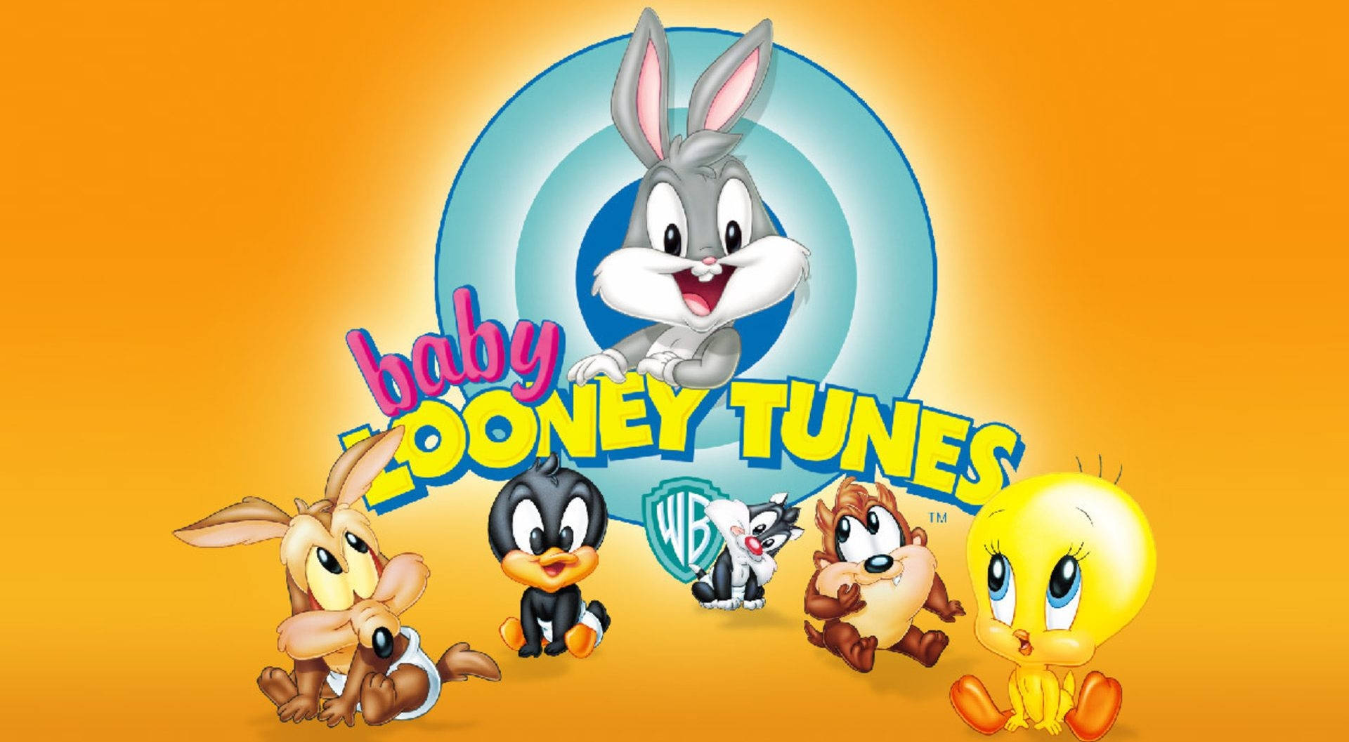 西爾維斯特貓與樂一通寶寶 壁紙 — Baby Looney Tunes 角色在明亮的橙色漸變背景上，Bugs Bunny 身後有藍色螺旋，愉快地微笑。