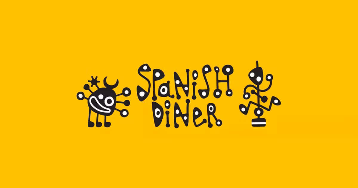 西班牙文化與美學無可否認 壁紙 — Spanish Diner 嘅大膽黑色玩味標誌，配以鮮黃色背景同古怪卡通角色。