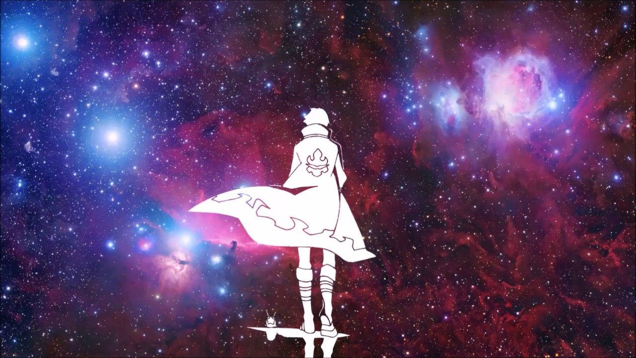 一個白色動漫風格的人物，披著斗篷，站在一個色彩繽紛的星雲中的平台上。