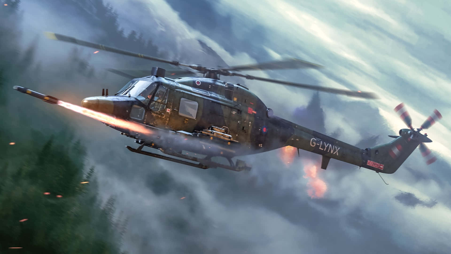 軍用直升機在暴風雨中向霧氣瀰漫的森林上空發射導彈。