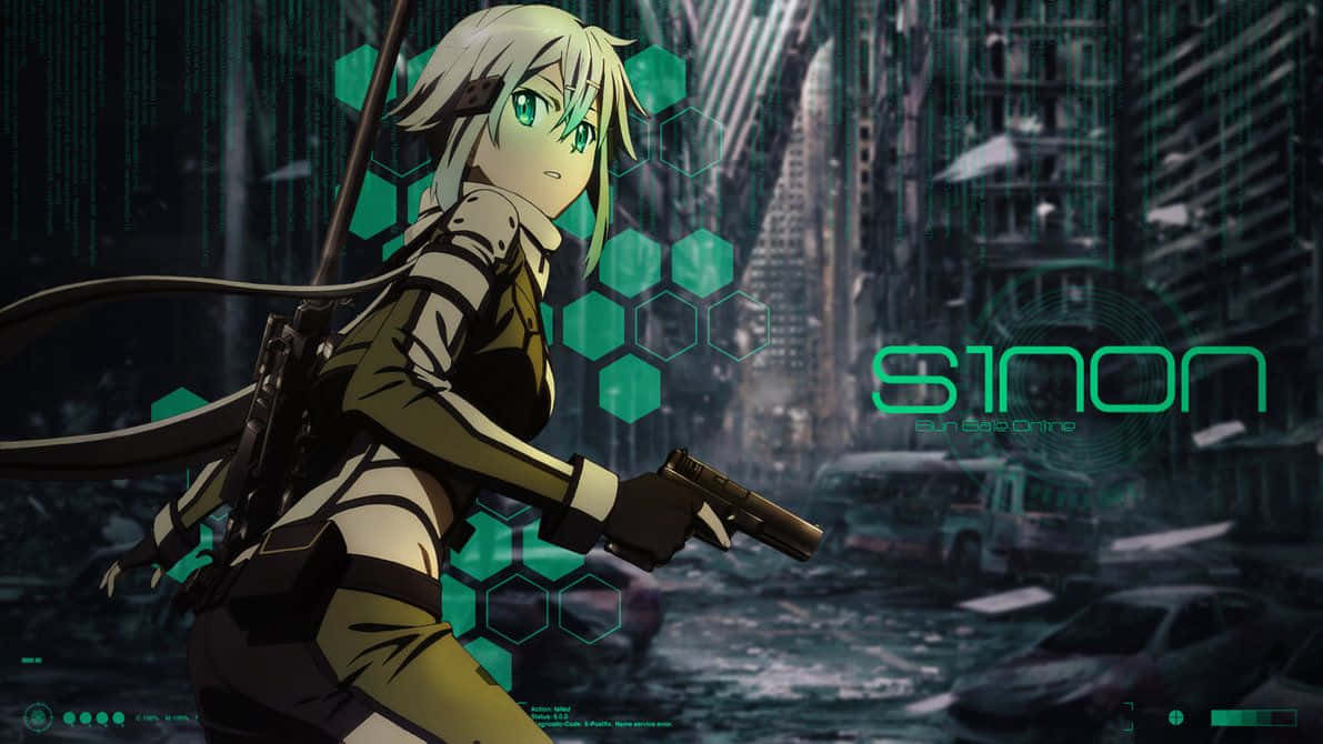 動漫角色 Sinon 在賽博龐克城市中手持手槍。