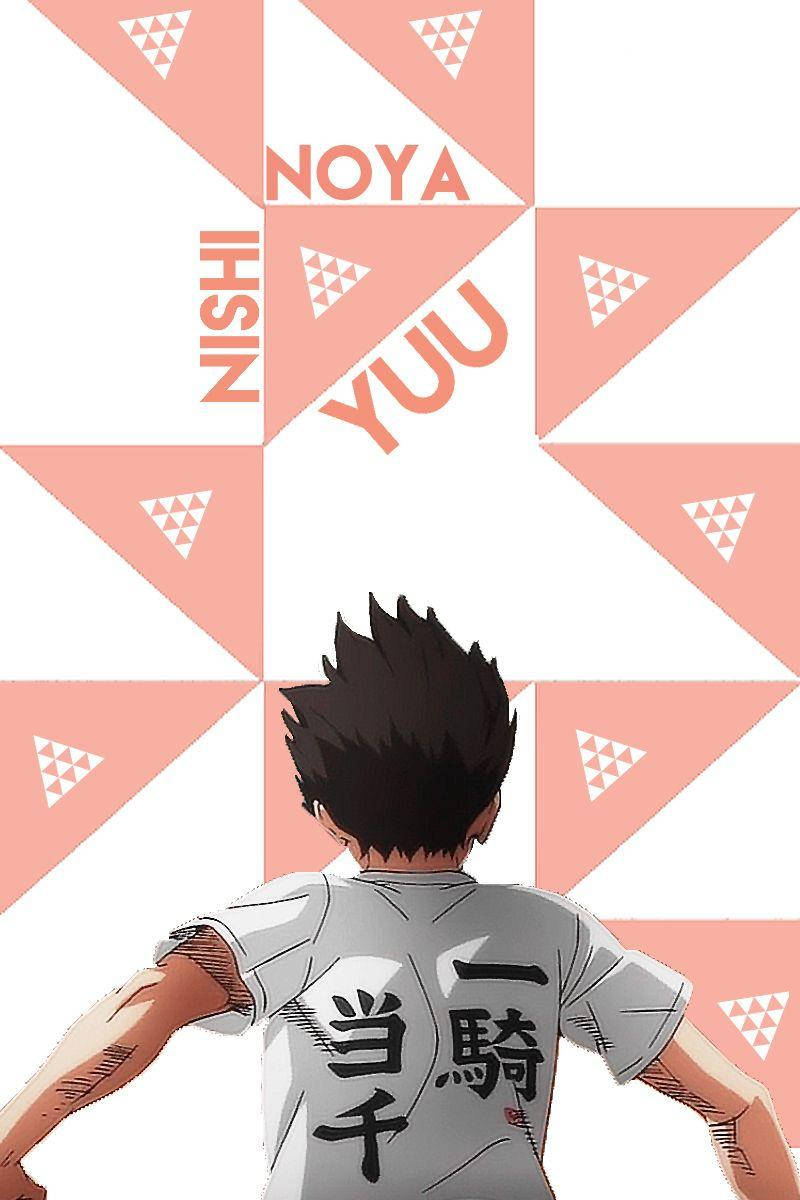 西谷優幾何美學海報 壁紙 — 動漫角色 Noya Yūu 背對幾何粉紅和白色三角形背景站立。