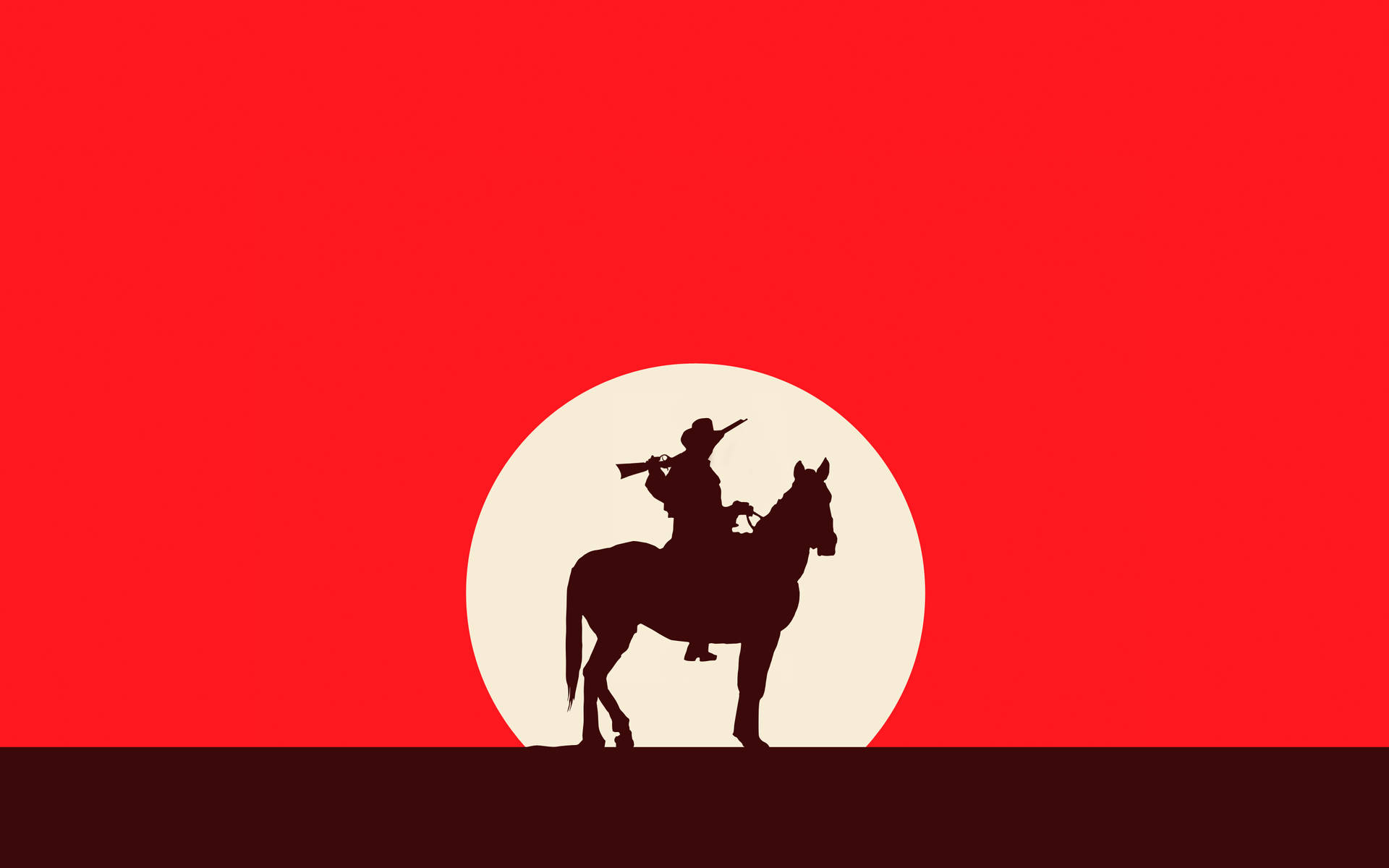 騎在馬上的牛仔手持步槍，背景是紅色日落。