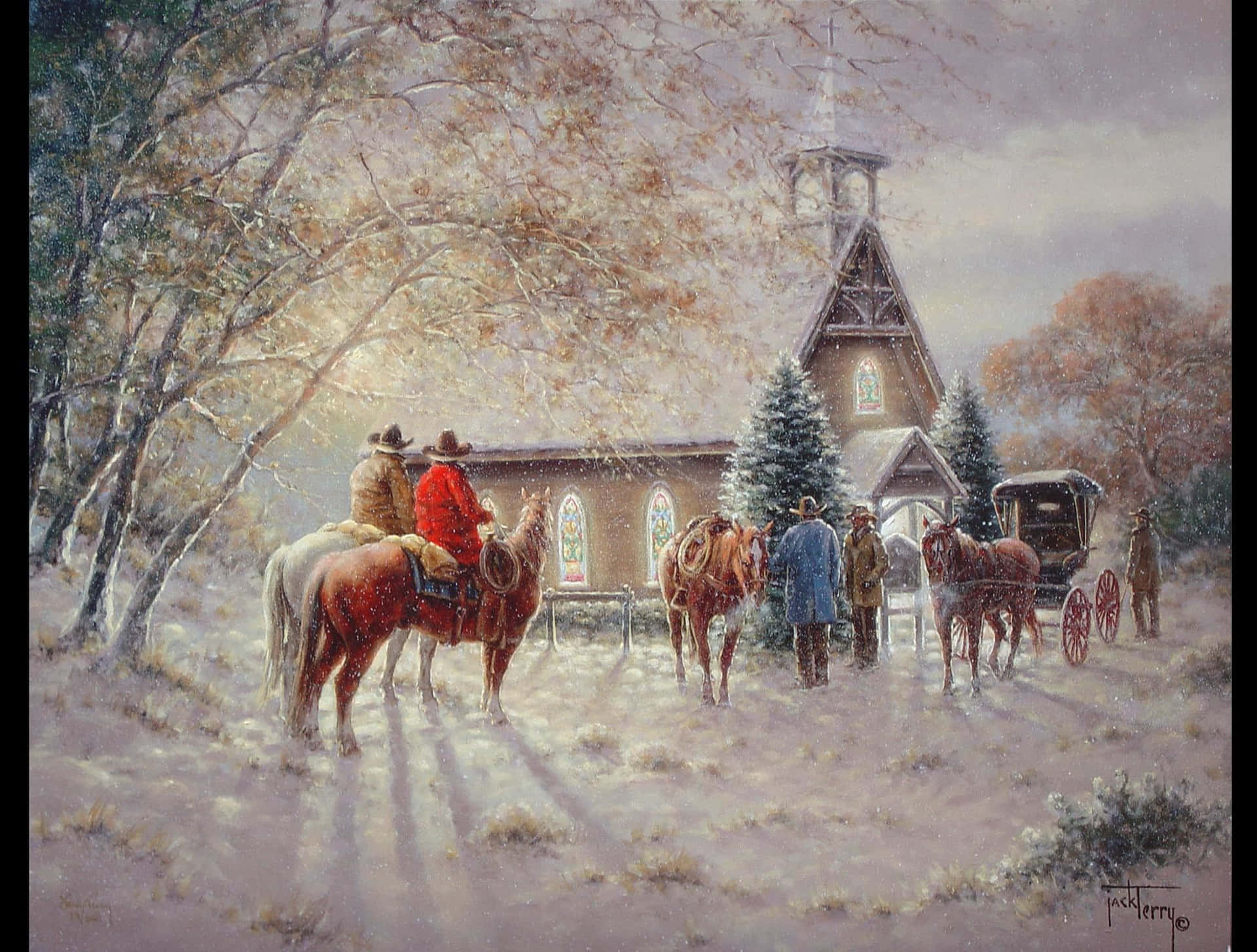 牛仔和馬車在冬天聚集在白雪覆蓋的教堂附近。