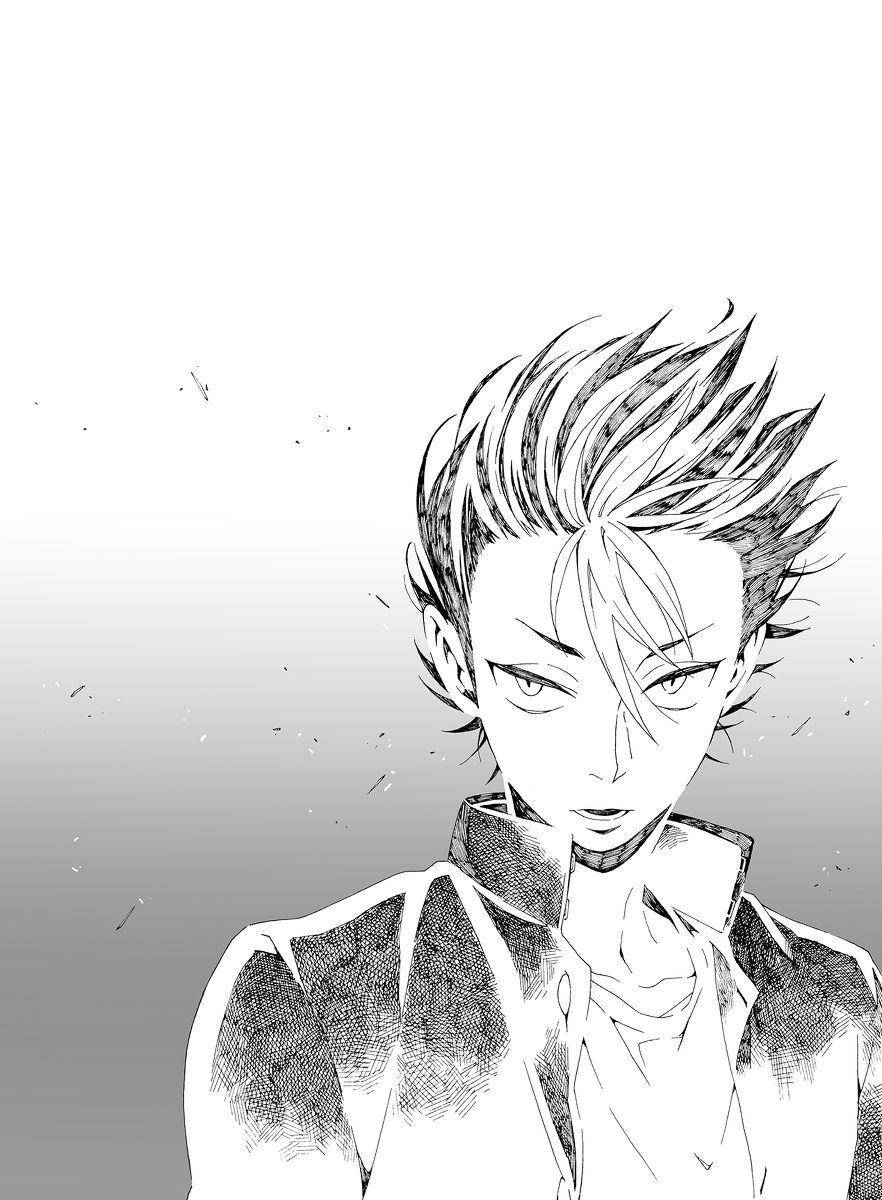 西野裕數位鉛筆藝術 壁紙 — 一幅黑白動漫風格肖像，描繪一位擁有尖刺頭髮和銳利眼神的年輕男子，背景為漸變色。