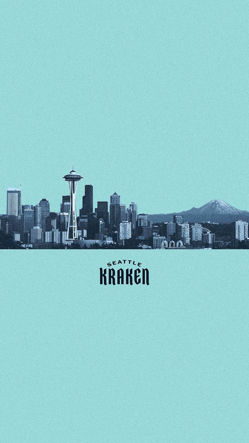 西雅圖天際線，包括太空針塔和山脈，在青綠色天空下，帶有Seattle Kraken標誌。