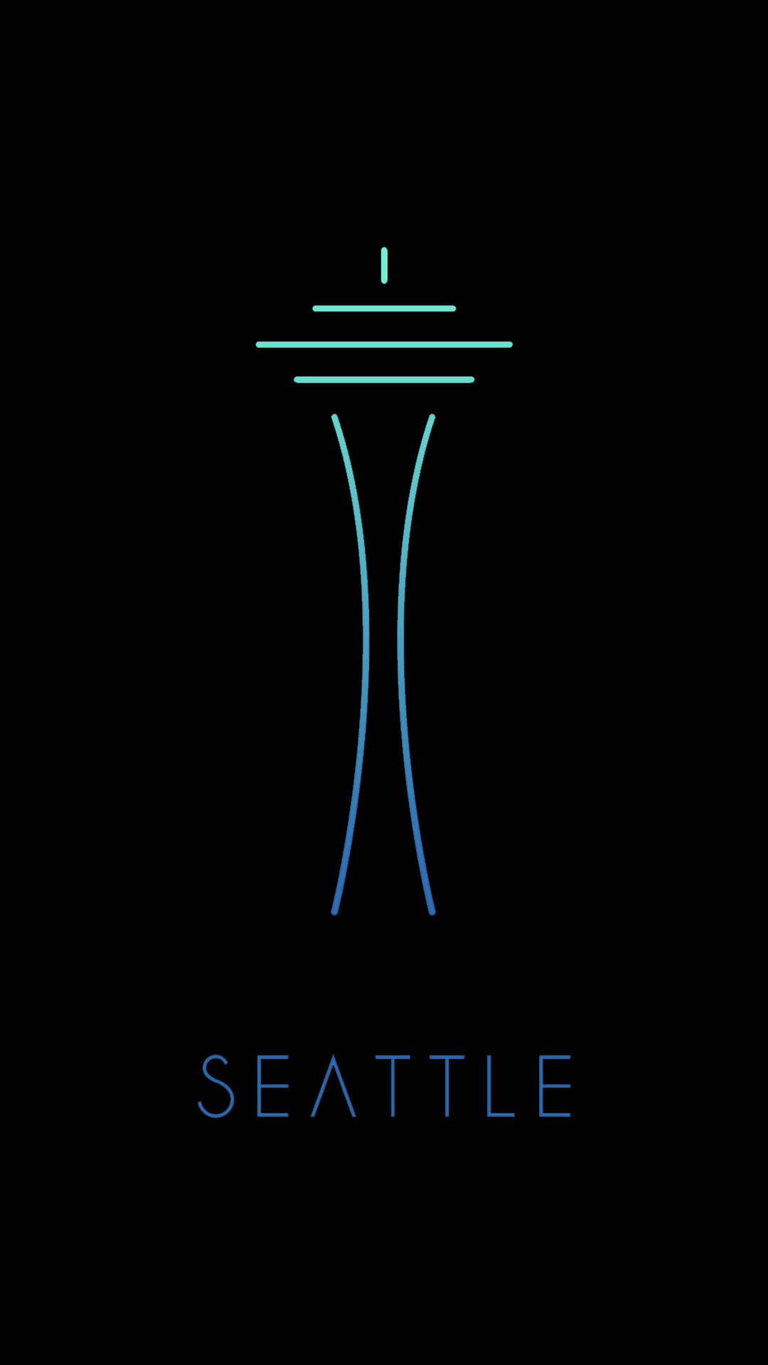 黑色背景上，太空針塔的藍色發光輪廓，帶有「SEATTLE」文字。