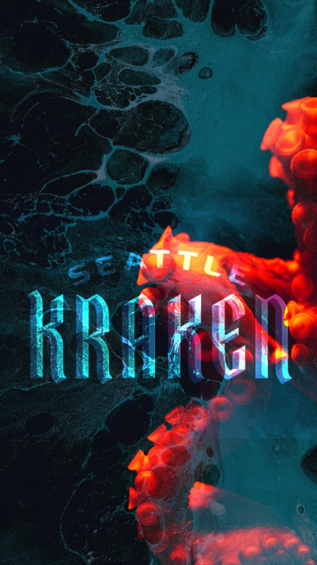 一條紅色克拉肯觸手從暗水中升起，帶有發光藍色的「Seattle Kraken」文字。