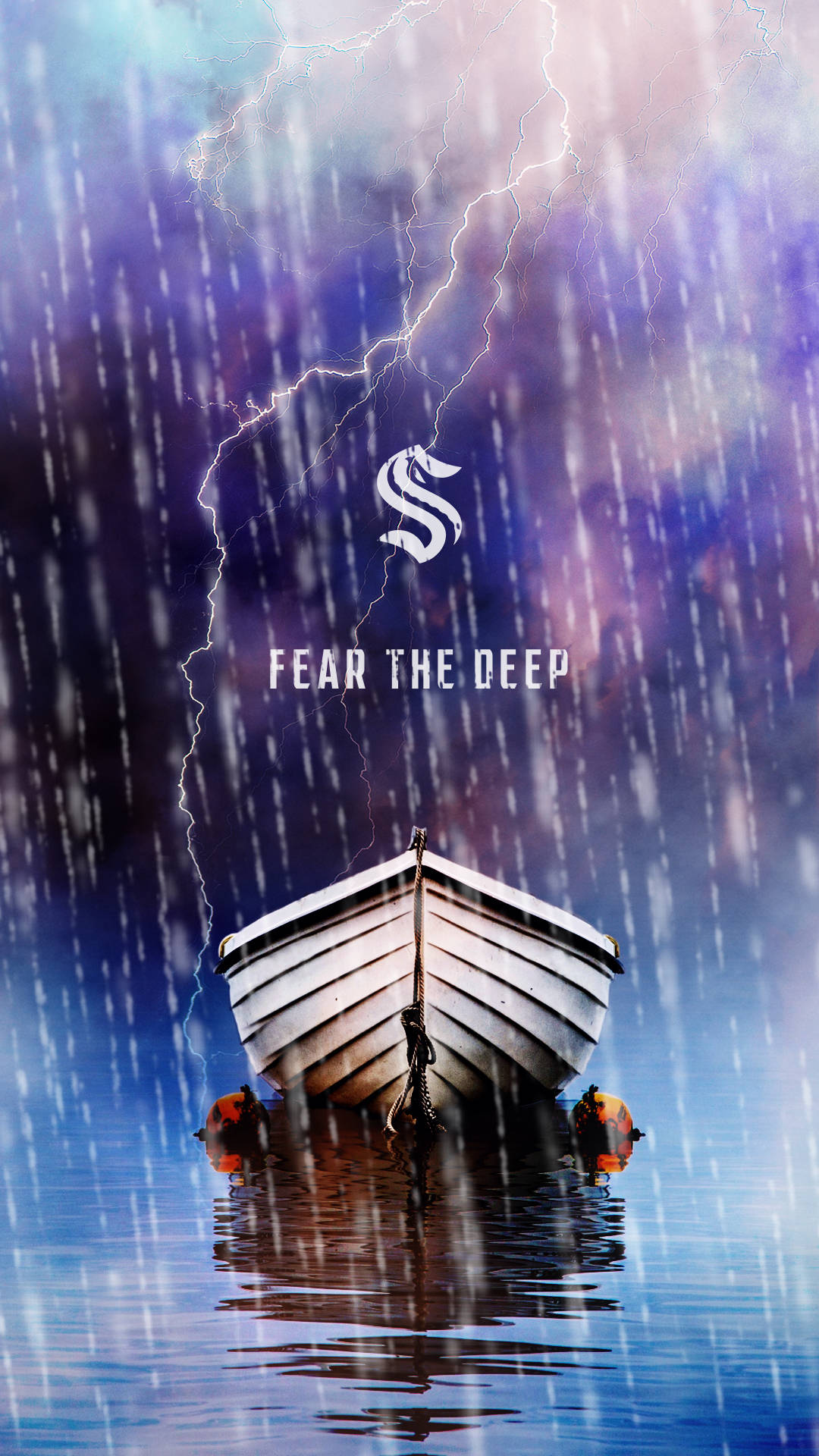 一艘小船在閃電和雨中漂浮在波濤洶湧的水面上，並帶有文字 fear the deep。