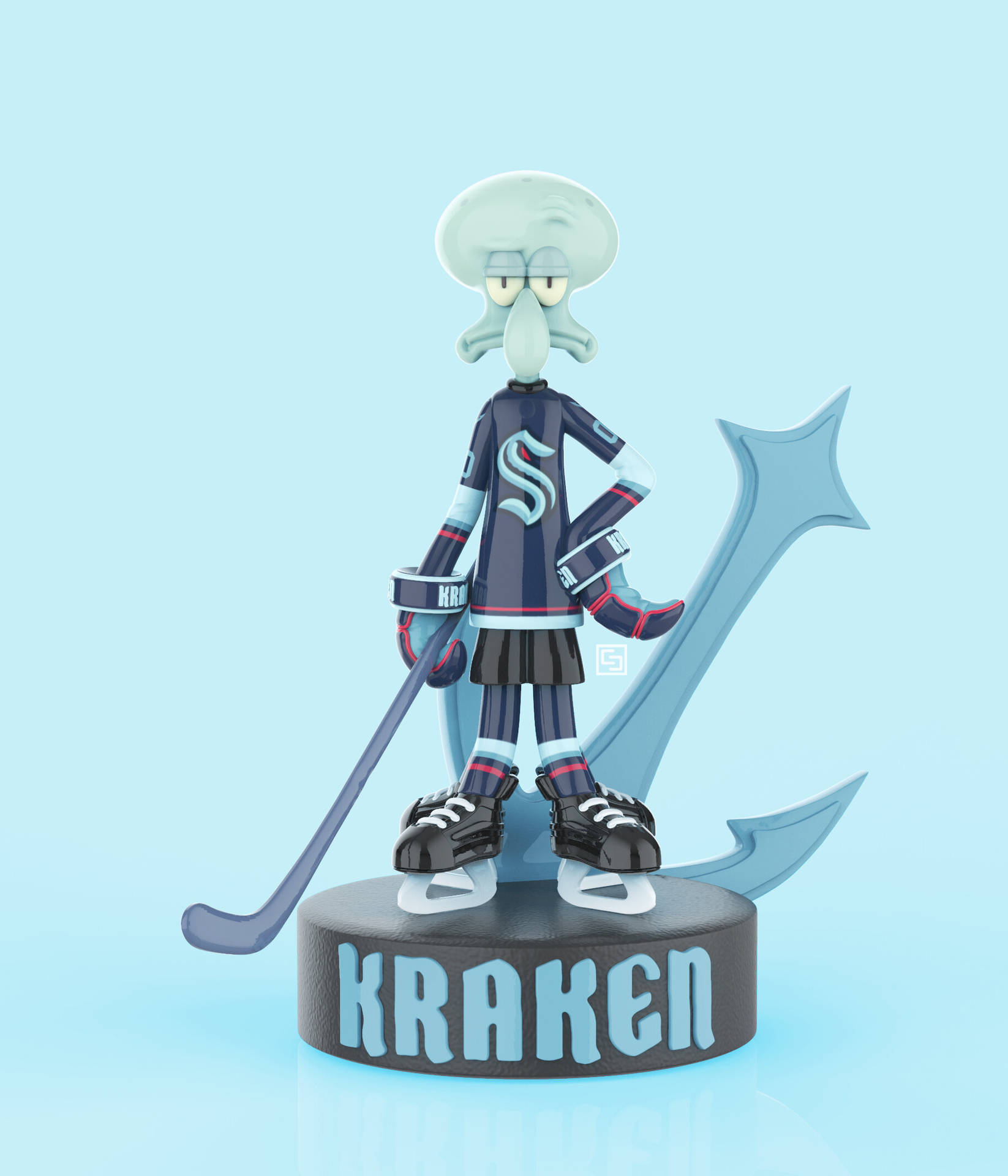 Squidward 穿著曲棍球裝備，手持球棍，站在錨獎盃旁邊。