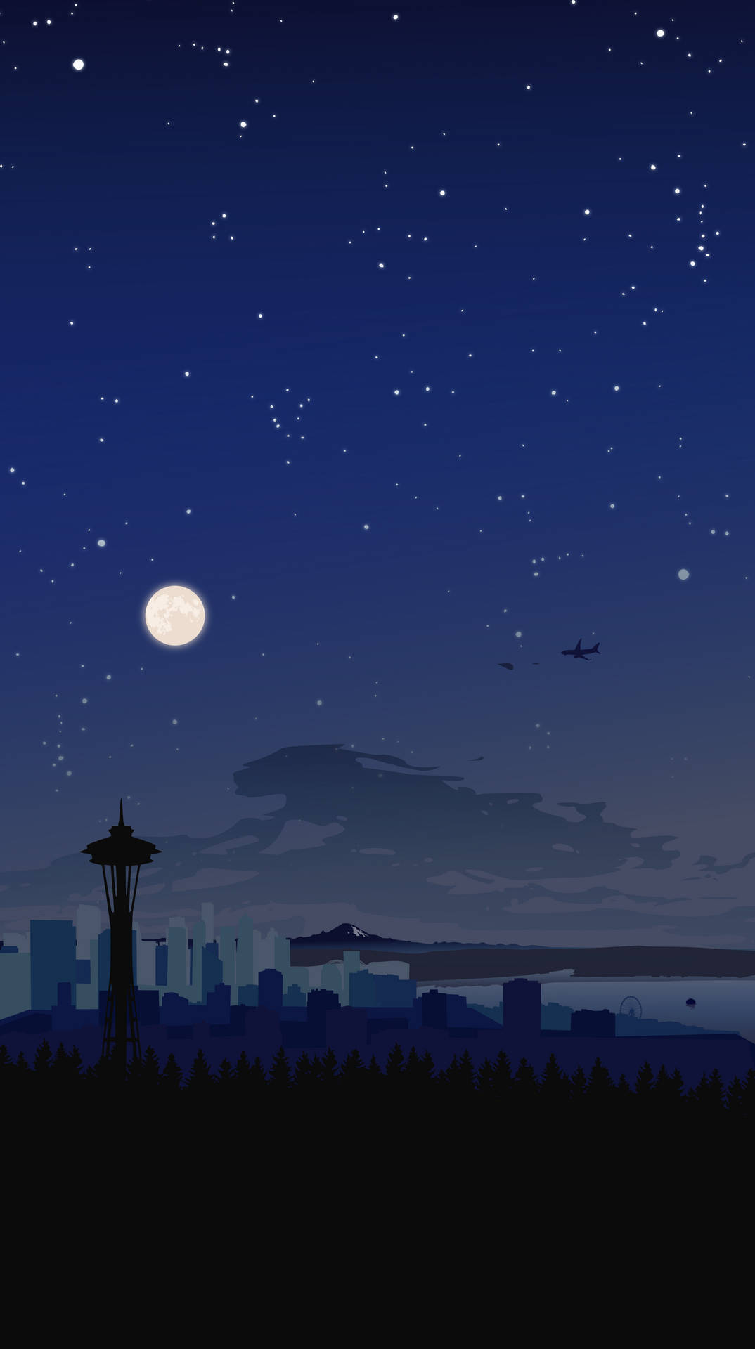 滿月和星空下的西雅圖夜景，太空針塔的輪廓。