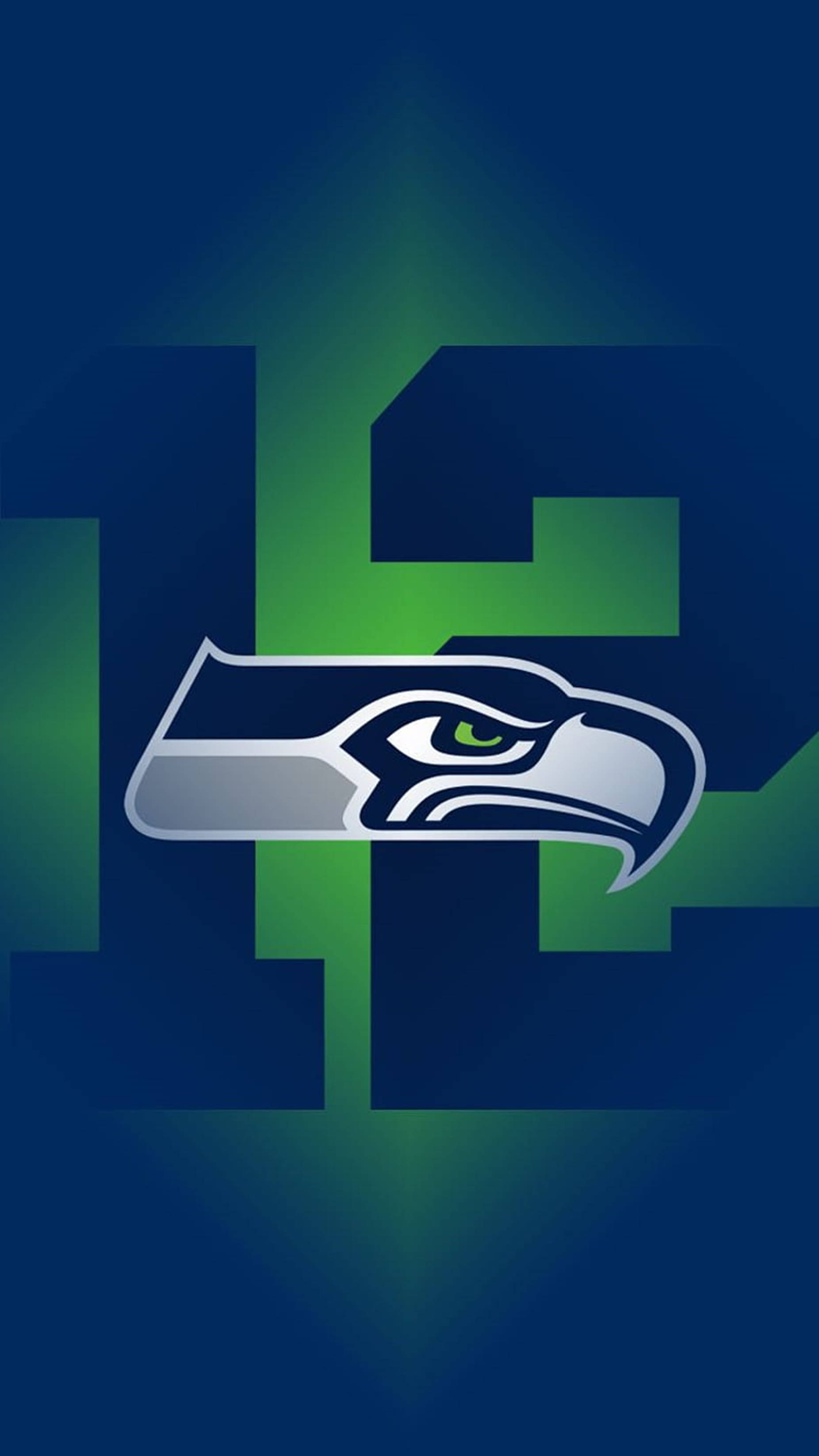 Seattle Seahawks 桌布 壁紙 — 西雅圖海鷹隊標誌，帶有在深藍色漸變背景上發出綠色光芒的12號數字。