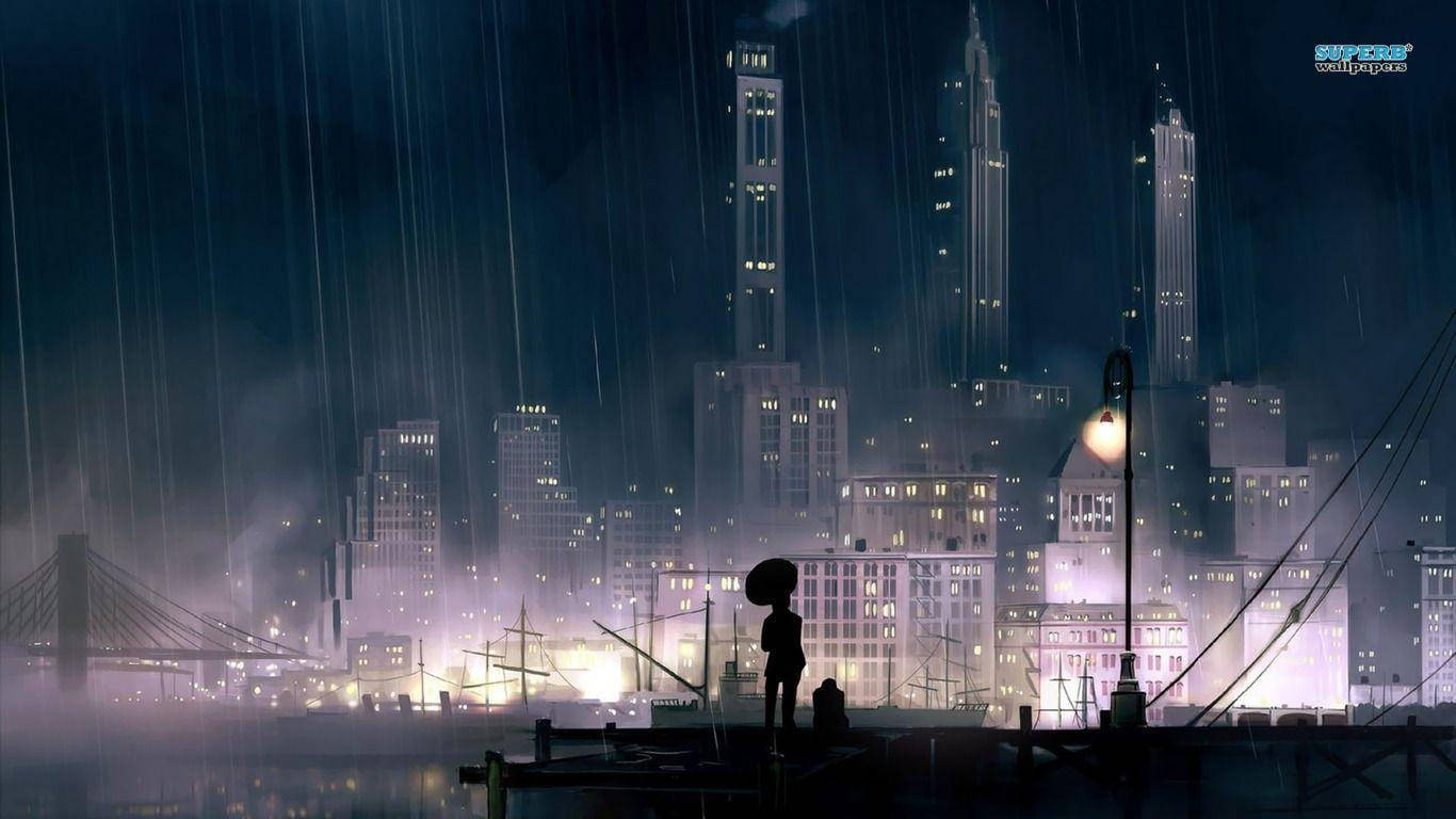 雨夜城市碼頭上撐傘的人的剪影。