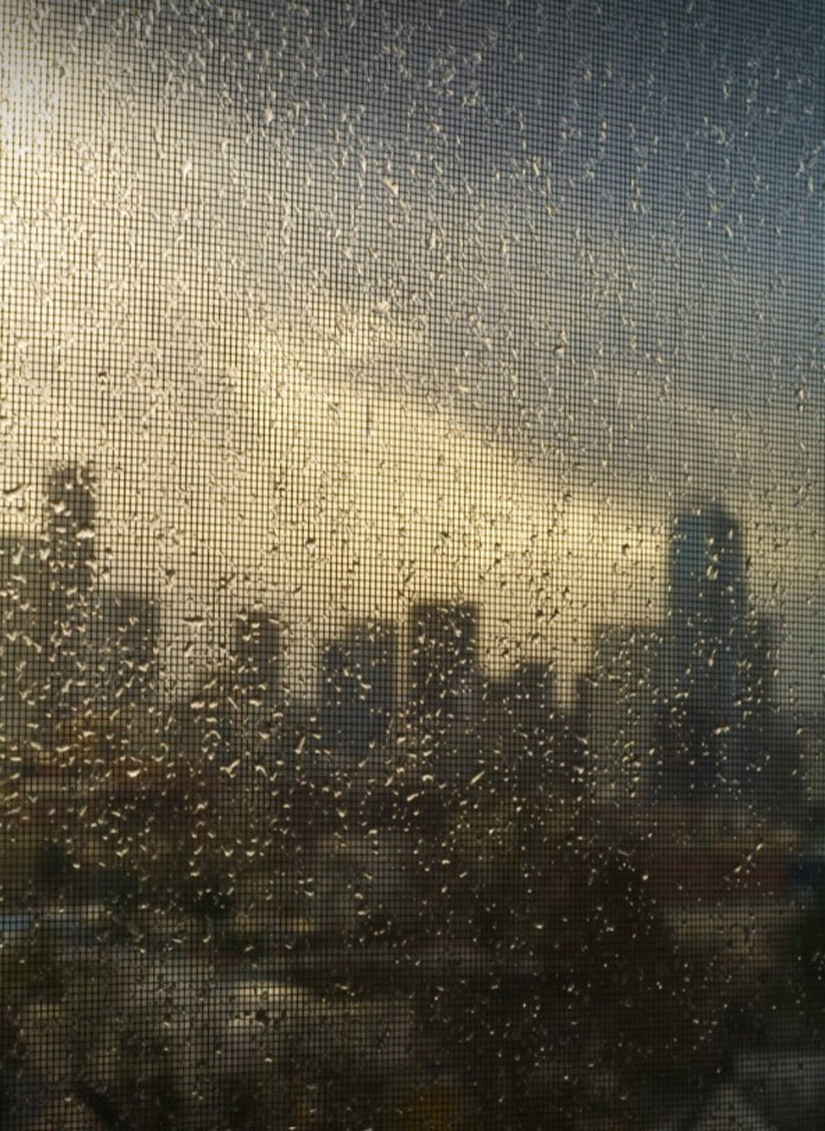 日落時分，從濺滿雨水的窗戶看到的城市天際線景色。