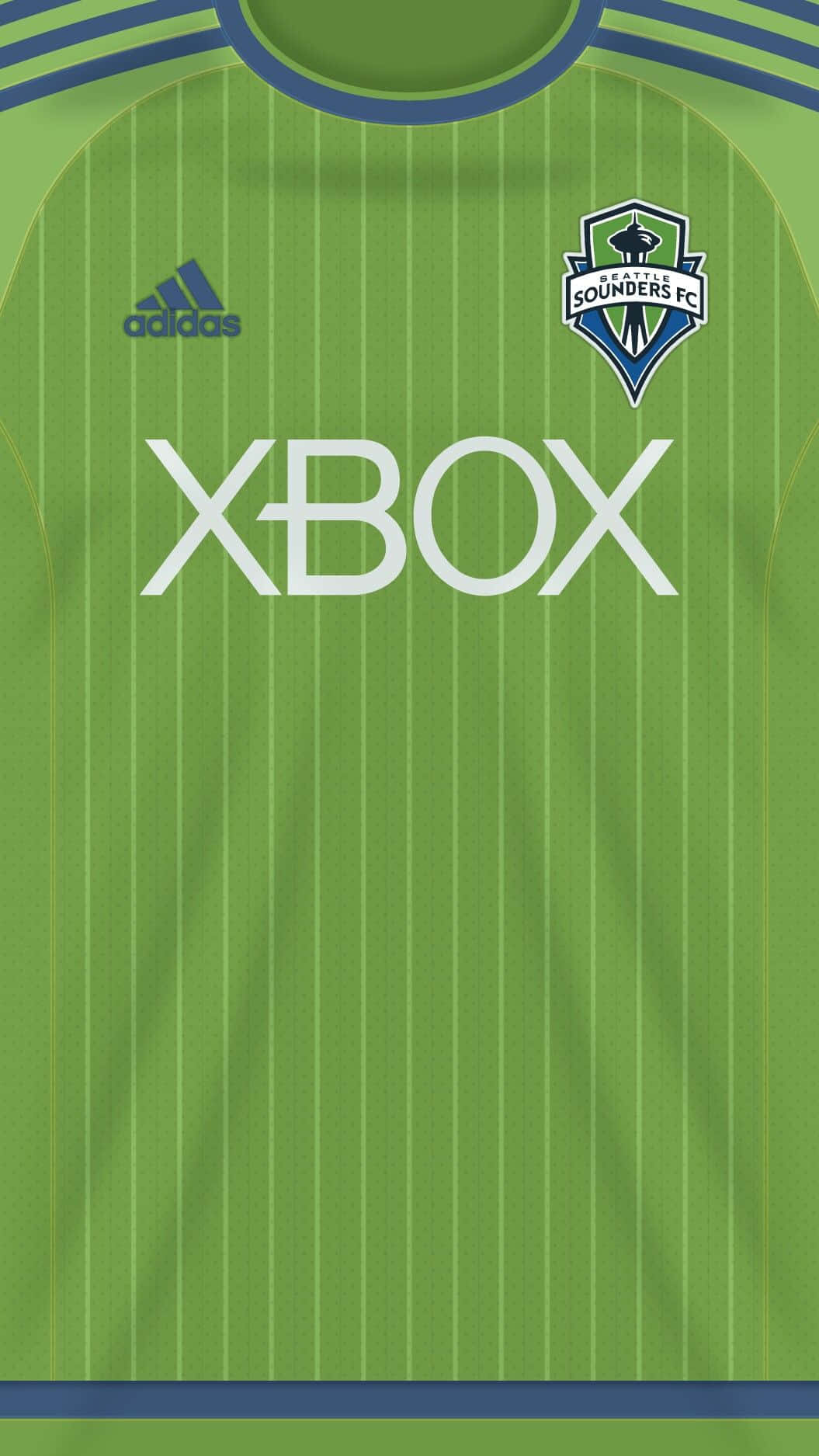 西雅圖音速隊阿迪達斯 XBOX 球衣 壁紙 — 西雅圖海灣者FC足球球衣特寫，鮮綠色，垂直條紋，Xbox贊助商標誌。