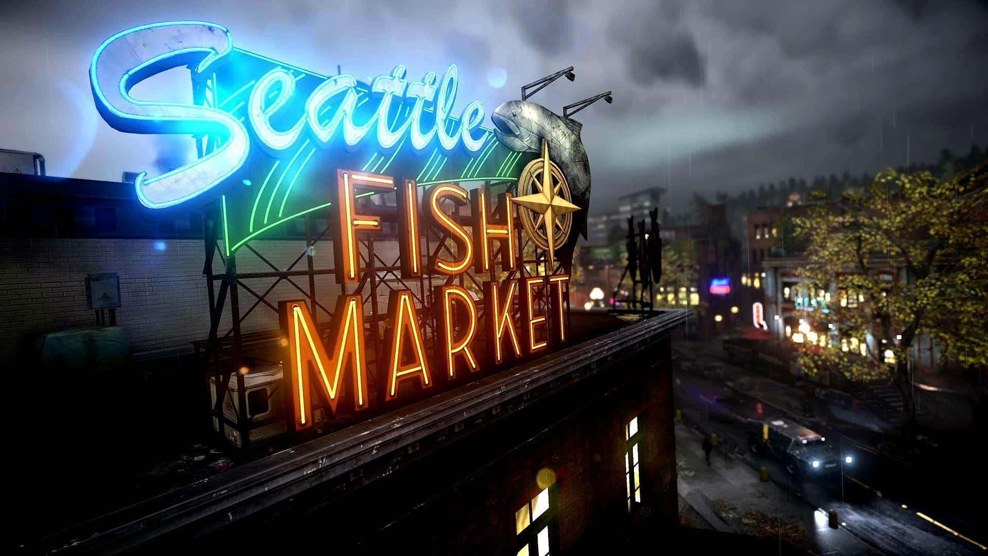 夜雨中閃耀的 Seattle Fish Market 霓虹招牌。