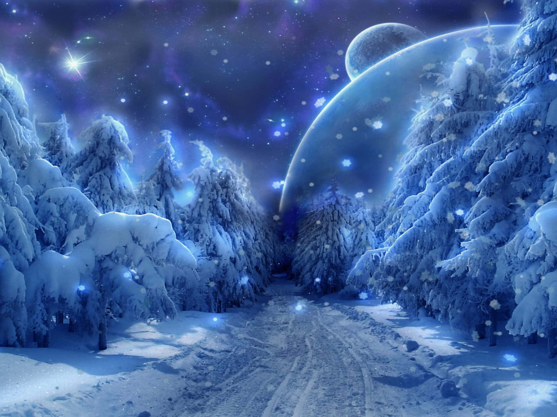 星空下，積雪覆蓋的森林小徑，閃爍著雪花和一顆巨大的行星。
