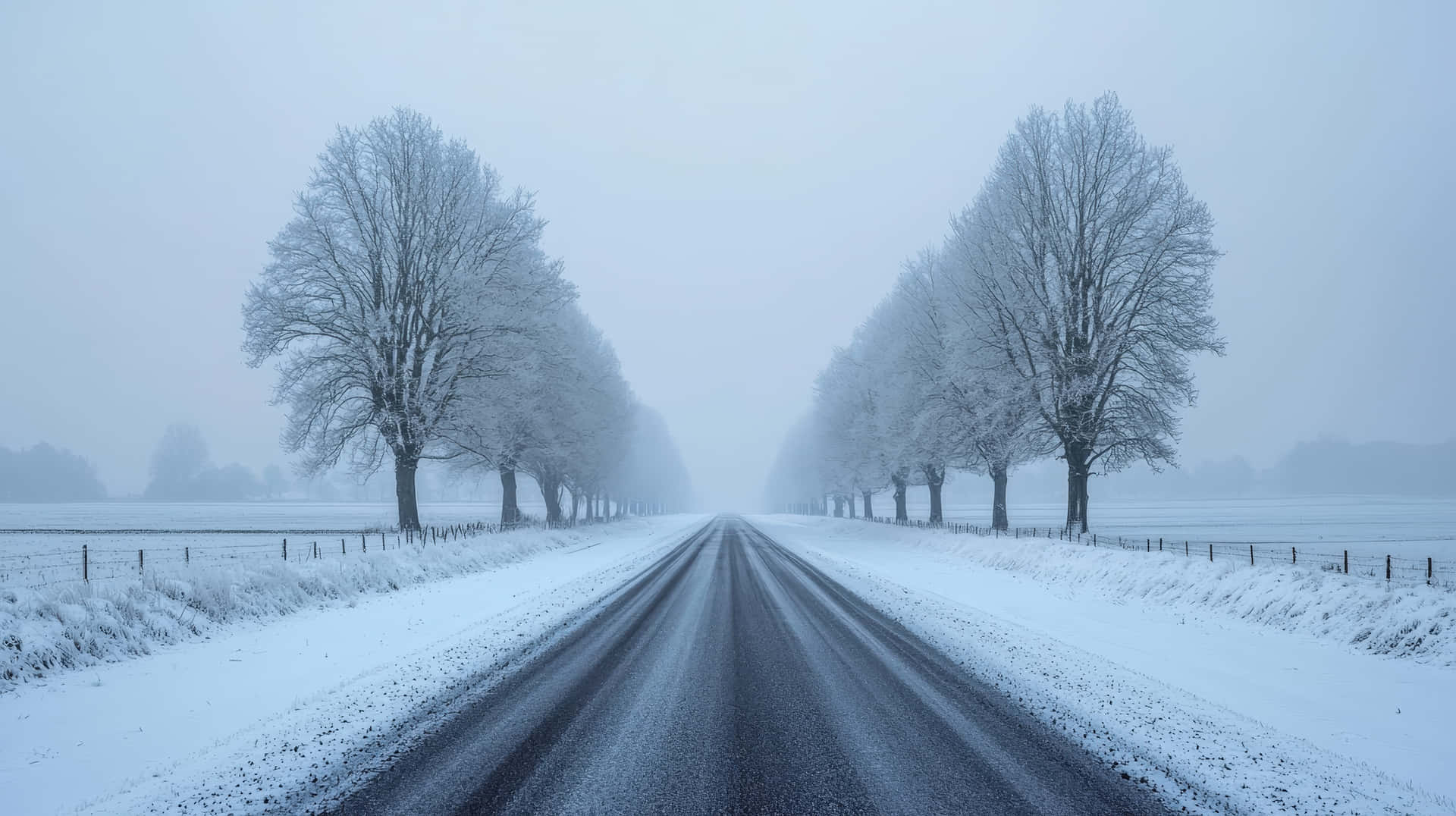 被雪覆蓋的道路，兩旁是結霜的樹木，霧濛濛的冬季場景