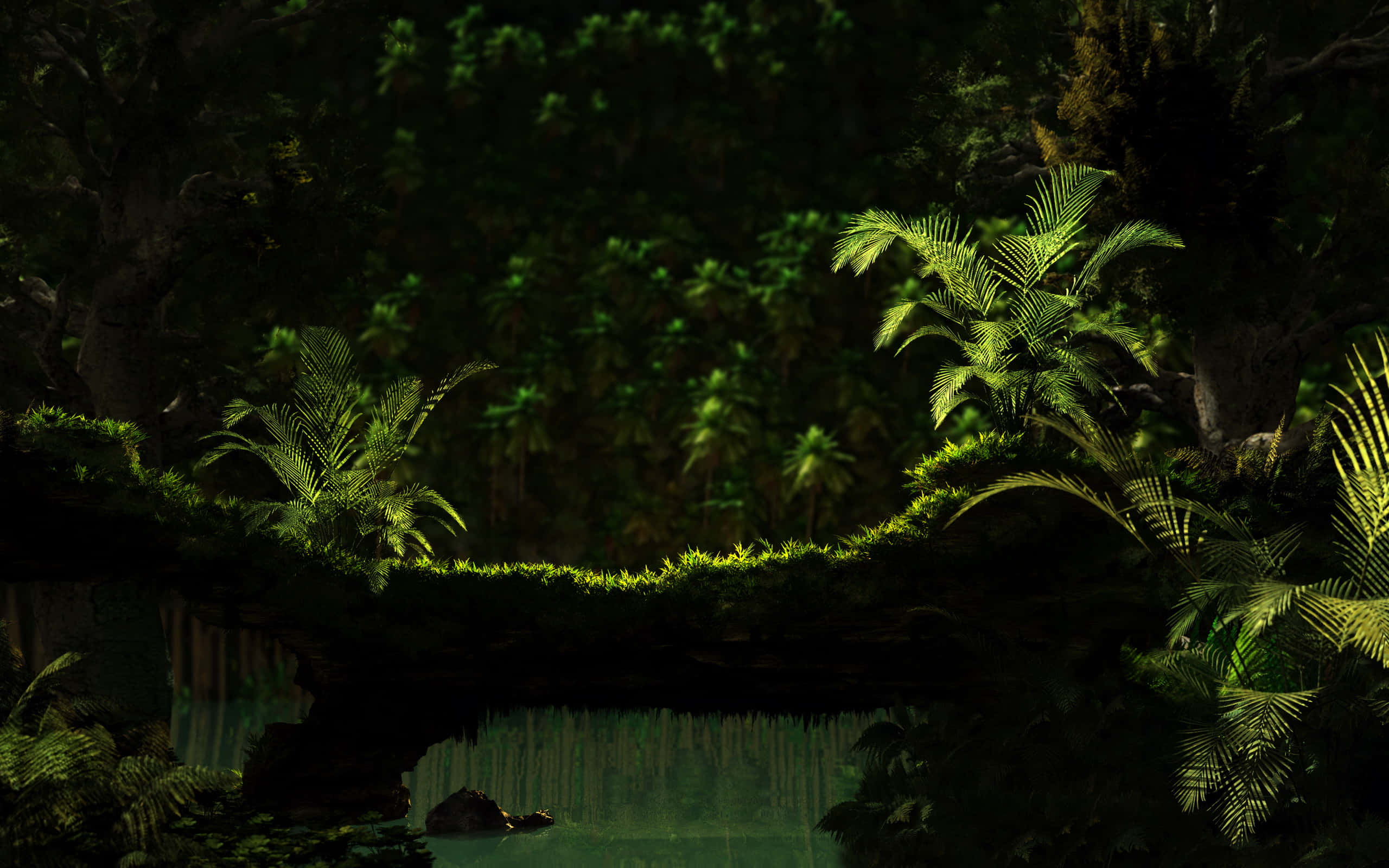 覆蓋苔蘚的樹幹叢林背景 壁紙 — 一條長滿苔蘚的樹枝拱起在平靜的叢林溪流上，斑駁的陽光穿過茂密的綠色樹葉。