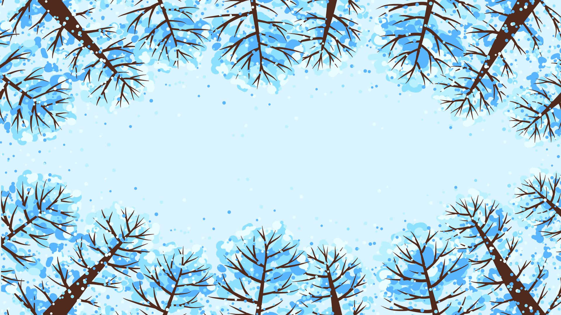 Winter Forest 桌布 壁紙 — 覆蓋著薄雪的樹枝框住了一個淺藍色的冬日場景，帶有柔和的水彩潑濺和散落的雪花。