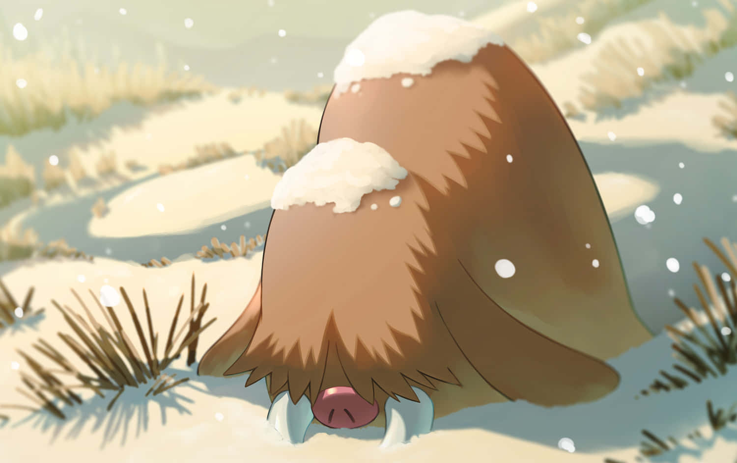 毛茸茸的棕色寶可夢，背上積雪，在雪地中挖洞