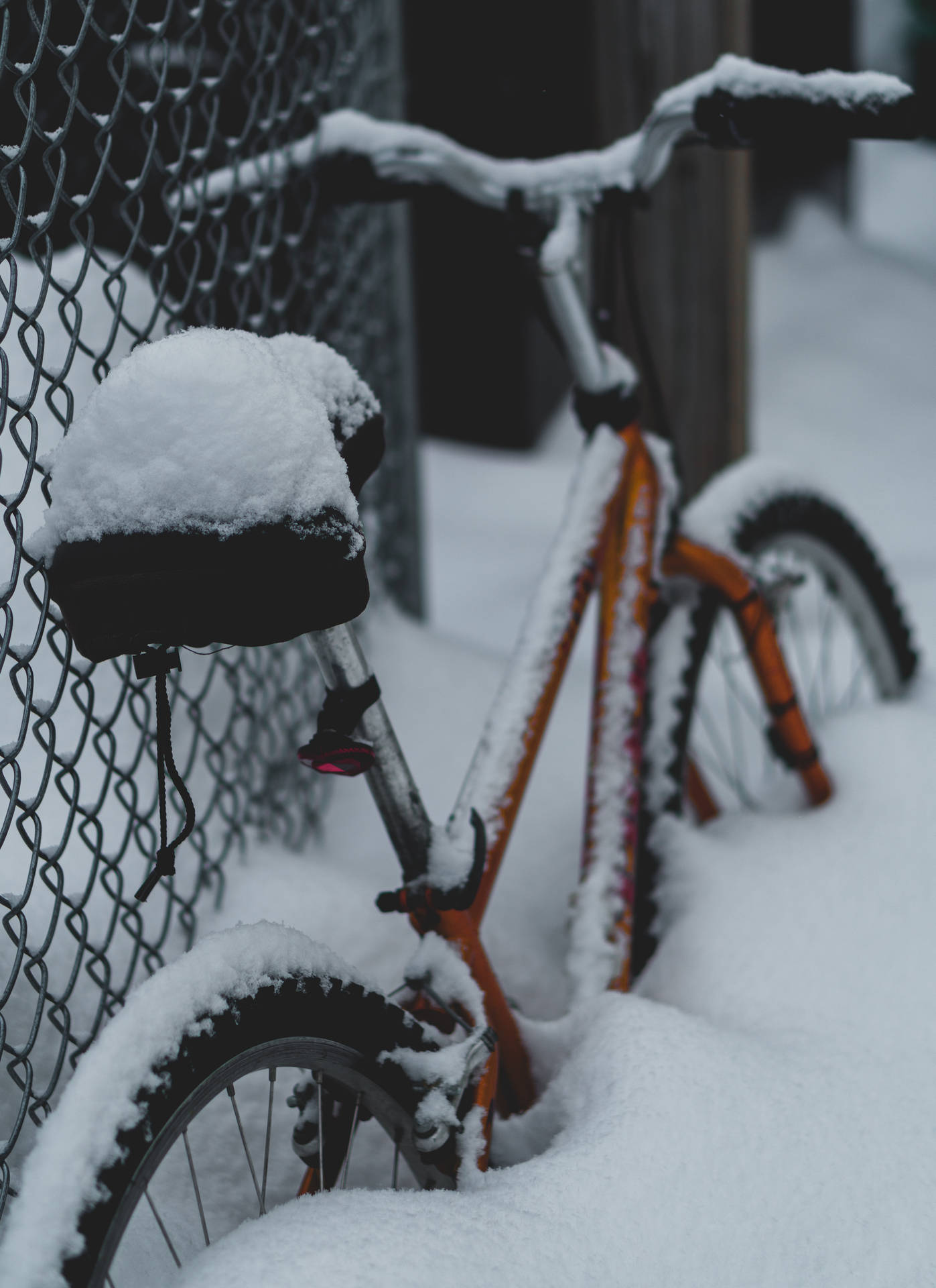 一輛橙色單車埋在鐵絲網圍欄旁的雪中。