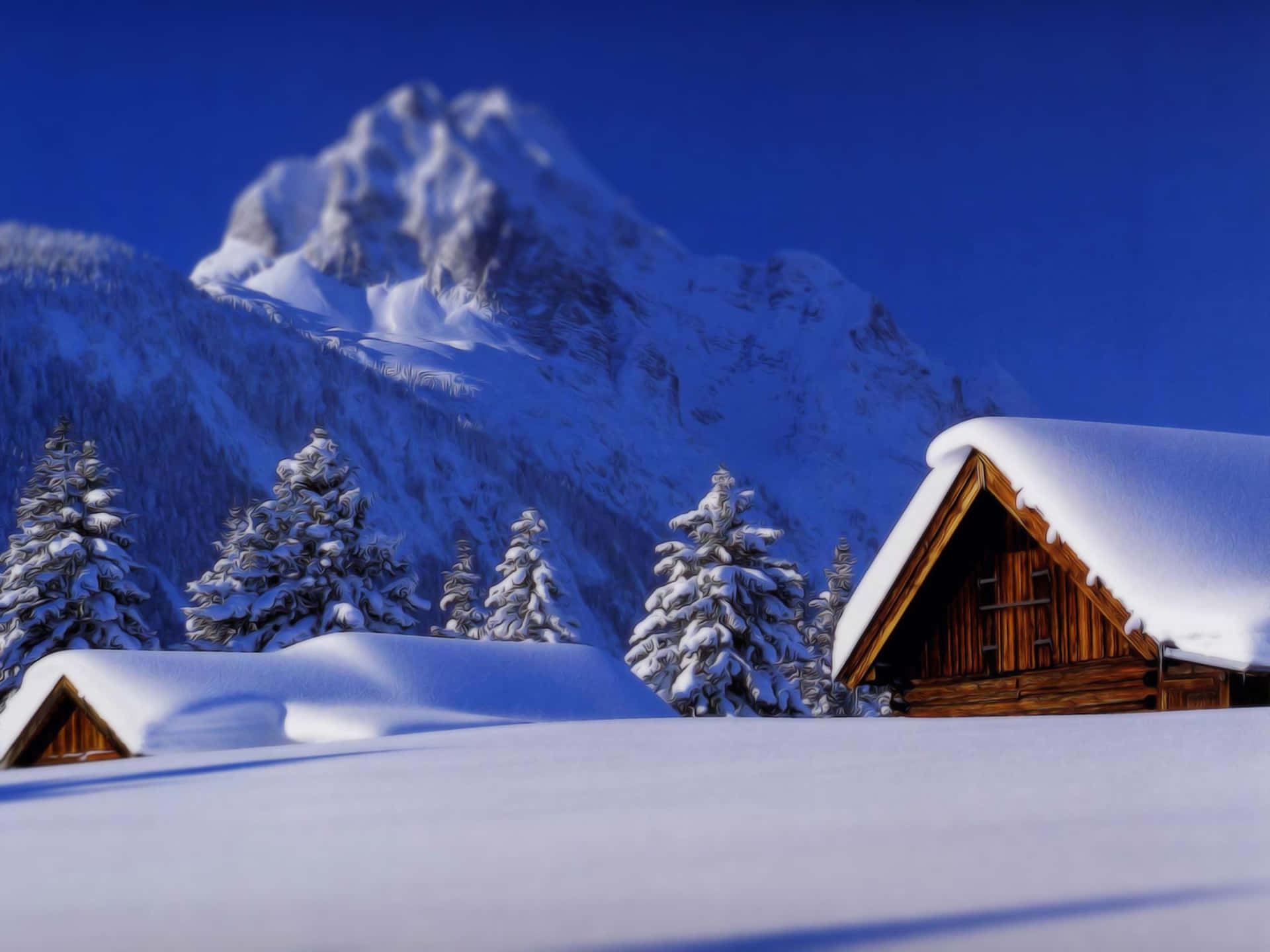 晴朗藍天下，被常青樹環繞的雪覆蓋山間小屋。