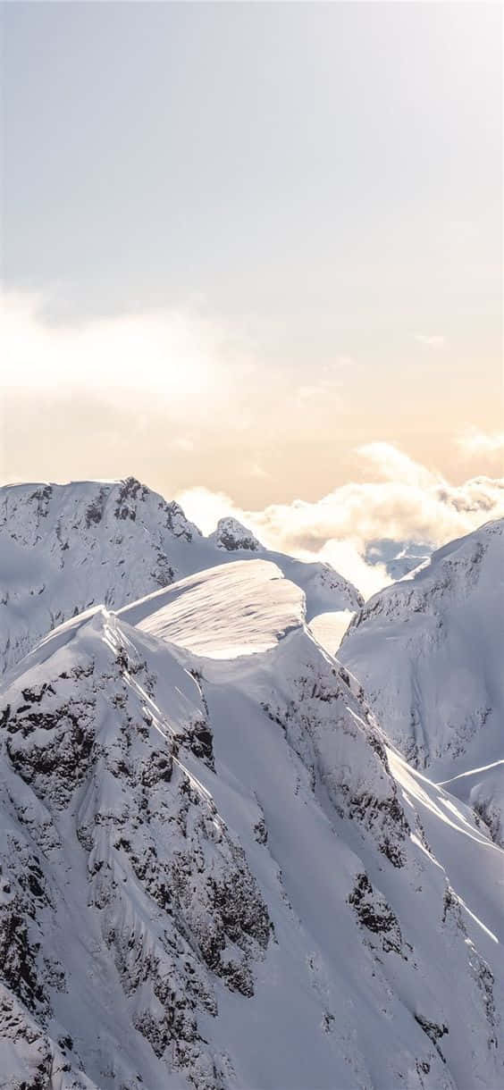 積雪的山峰在日出時高聳於雲層之上。