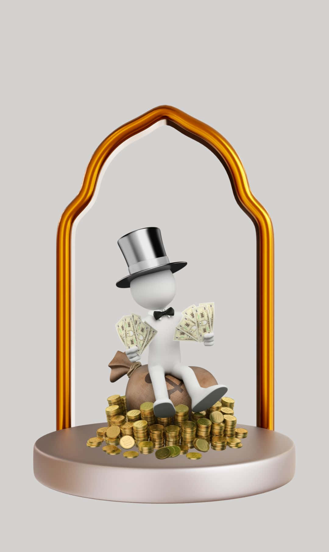 戴高帽的白色人物坐在金色拱形櫃內的硬幣上，手持金錢。