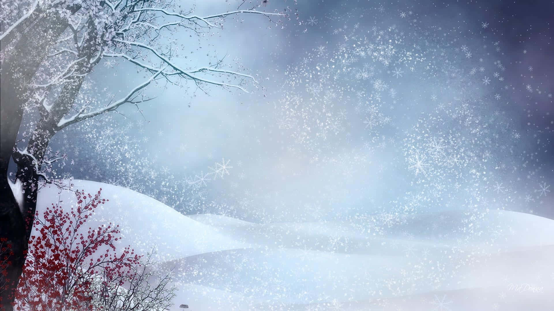 覆雪森林與霧氣 壁紙 — 雪花在冬日天空中旋轉，飄落在白雪覆蓋的山丘上，有一棵孤樹和紅葉灌木。