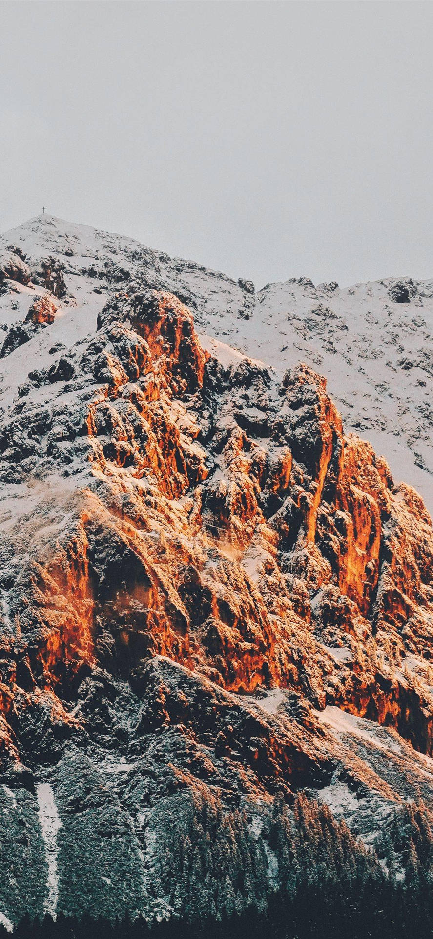積雪的山脊在日出光芒中閃耀。