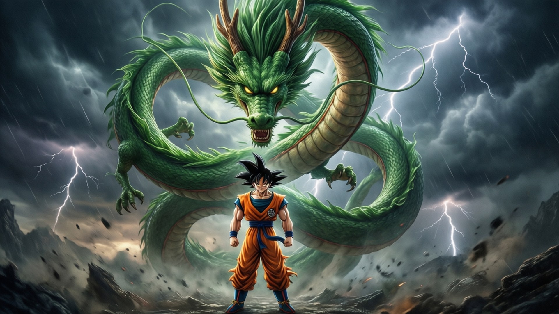 年輕動漫戰士在雷暴中面對巨型綠龍
