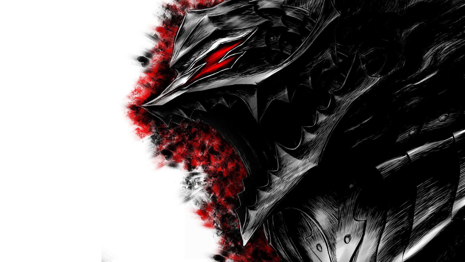 一條兇猛的黑龍，紅眼尖牙，從白色背景上的紅色墨水中迸發而出。
