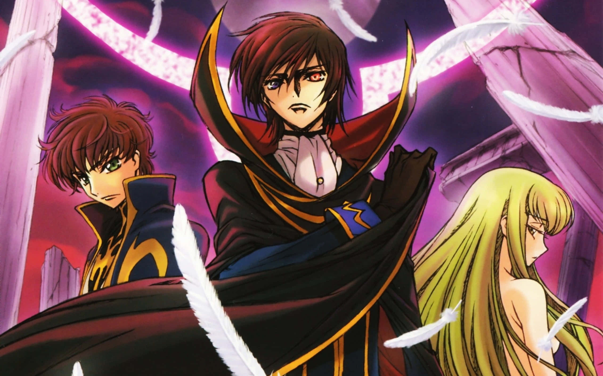見證反抗的黎明——《Code Geass》 壁紙 — 三個動漫角色戲劇性地站在紫色和粉紅色的宇宙背景前，有漂浮的白色羽毛。