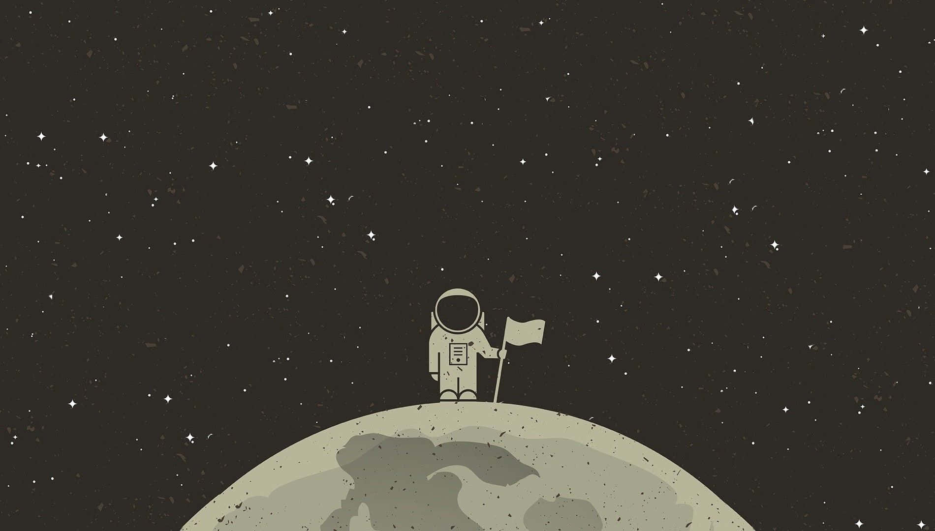 太空人在星空下的月球表面插旗