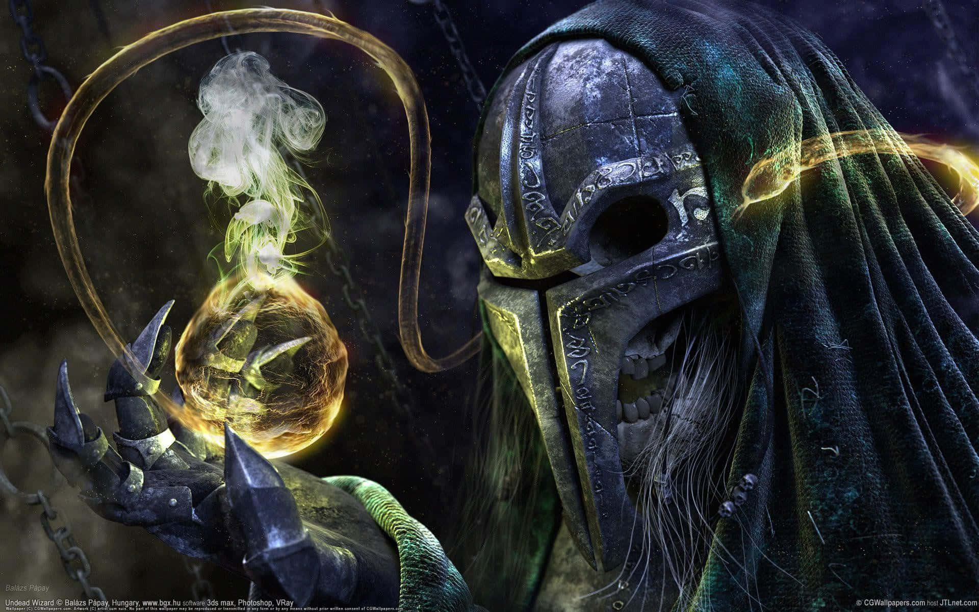 一位身穿黑暗盔甲、戴著骷髏面具的巫師，手持一顆發光的魔法球體。